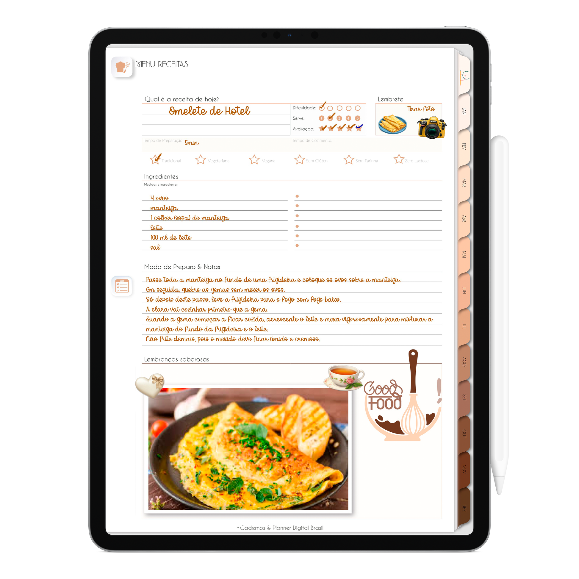 Planner de Receitas do Planner Digital 2026 Minimal Universe Vertical da Cadernos & Planner Digital Brasil visualizada em um iPad ou Tablet Android, compatível com GoodNotes e Notein.