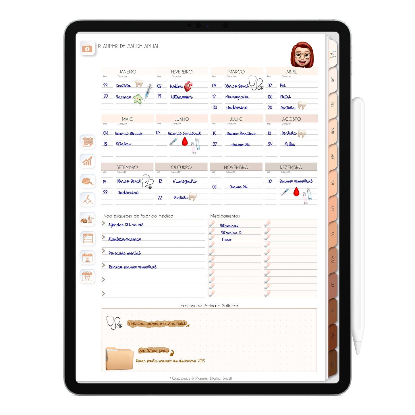Planner de Saúde Anual do Planner Digital 2026 Minimal Universe Vertical da Cadernos & Planner Digital Brasil visualizada em um iPad ou Tablet Android, compatível com GoodNotes e Notein.