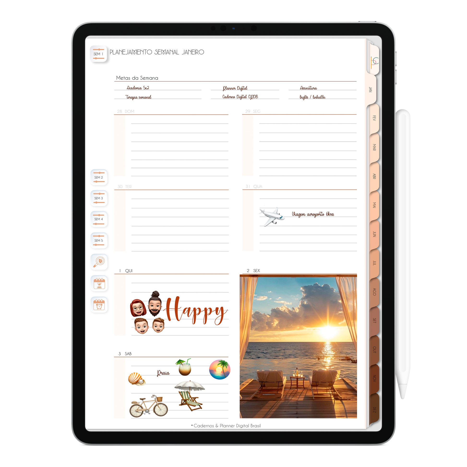 Planner Semanal com Apple calendar e Google agenda do Planner Digital 2026 Minimal Universe Vertical da Cadernos & Planner Digital Brasil visualizada em um iPad ou Tablet Android, compatível com GoodNotes e Notein.