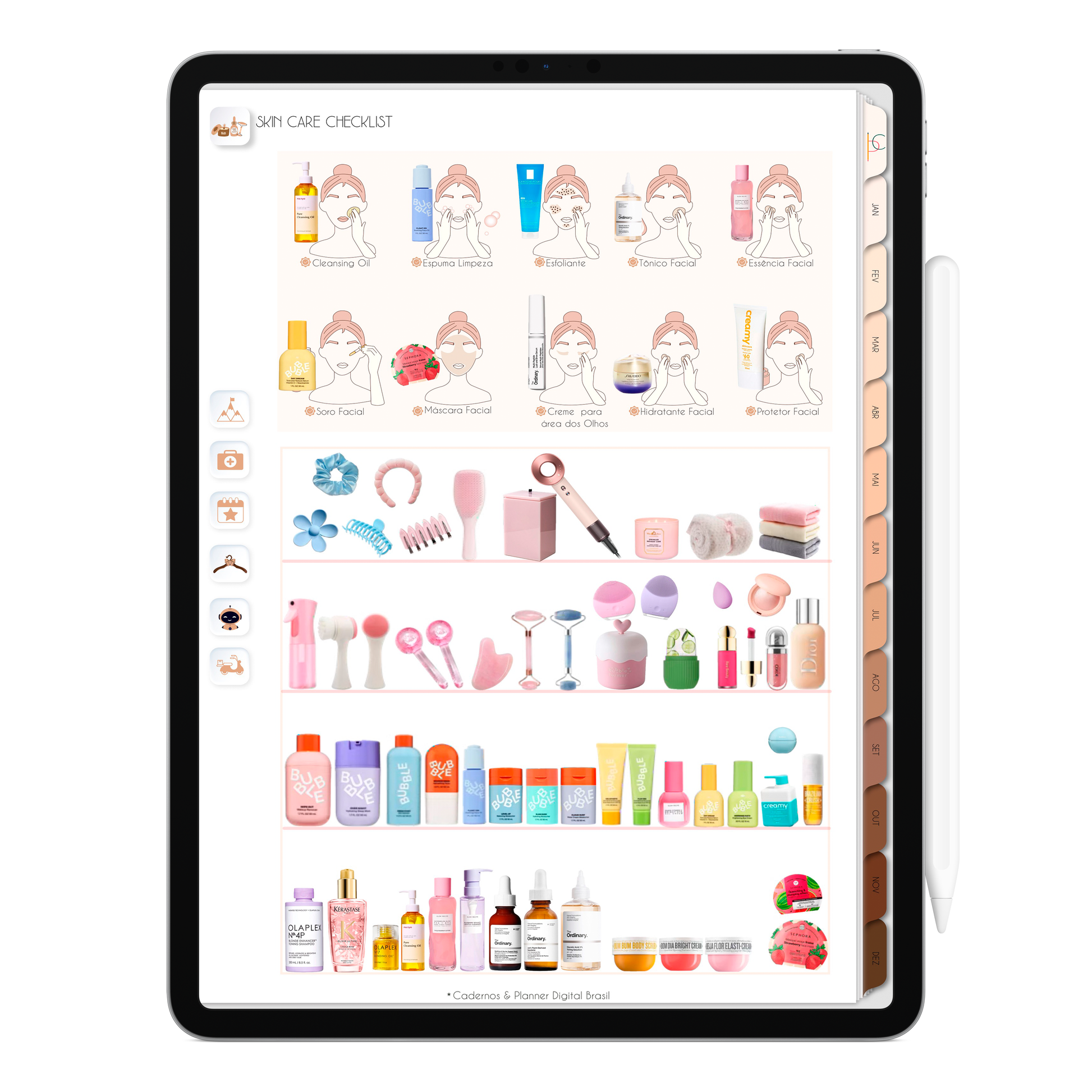 Planner SkinCare Checklist autocuidado do Planner Digital 2026 Minimal Universe Vertical da Cadernos & Planner Digital Brasil visualizada em um iPad ou Tablet Android, compatível com GoodNotes e Notein.