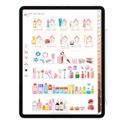 Planner SkinCare Checklist autocuidado do Planner Digital 2026 Minimal Universe Vertical da Cadernos & Planner Digital Brasil visualizada em um iPad ou Tablet Android, compatível com GoodNotes e Notein.
