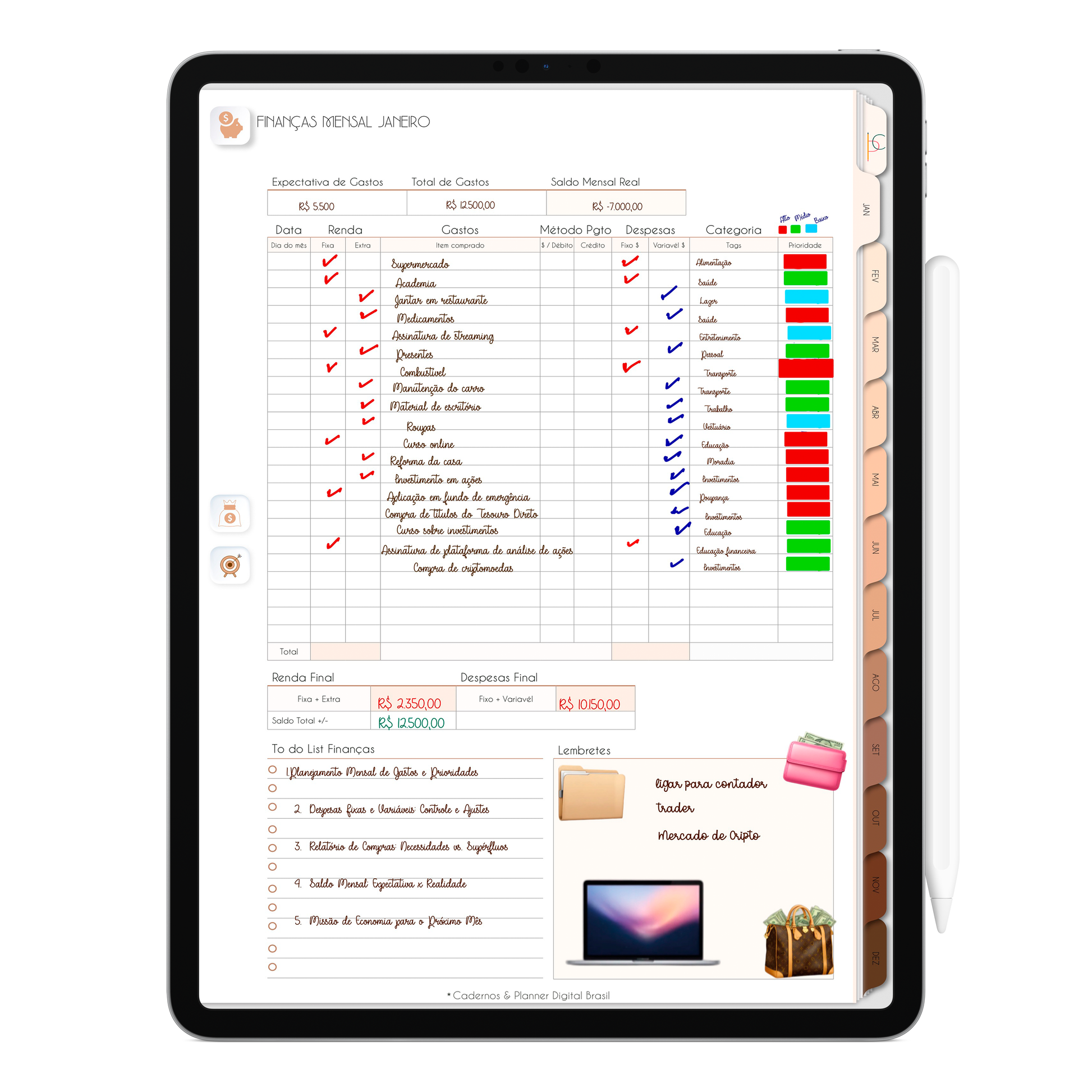 Planner Financeiro mensal, controle das finanças no Planner Digital 2026 Minimal Universe Vertical da Cadernos & Planner Digital Brasil visualizada em um iPad ou Tablet Android, compatível com GoodNotes e Notein.