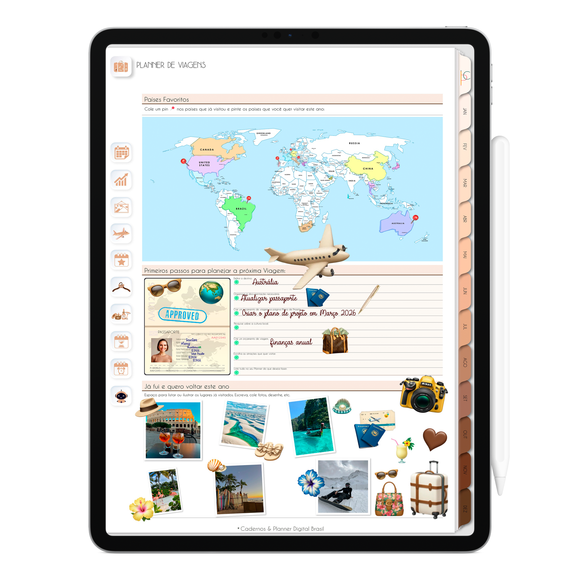 Planner de Viagens do Planner Digital 2026 Minimal Universe Vertical da Cadernos & Planner Digital Brasil visualizada em um iPad ou Tablet Android, compatível com GoodNotes e Notein.