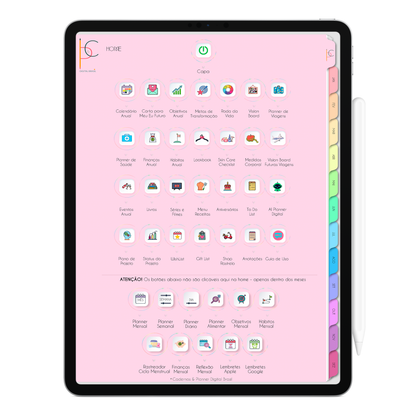 Home do Planner Digital Life In Colors com botões clicaveis e interativos para clicar e acessar as páginas de planejamento anual, abas mensal e botões para páginas de planejamento anual, semanal, mensal e diário. para uso no iPad ou Tablet Android, Tablet Samsung.