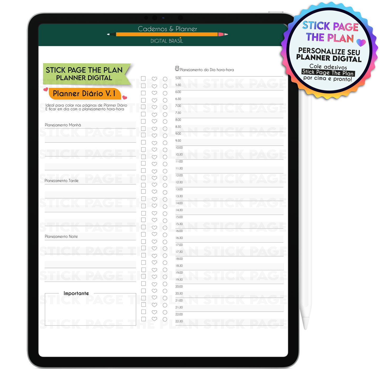 Cartela de planejamento para Planner Digital planejamento manhã, tarde e noite compatível com iPad e Tablet Android e apps de anotações GoodNotes e Notein.