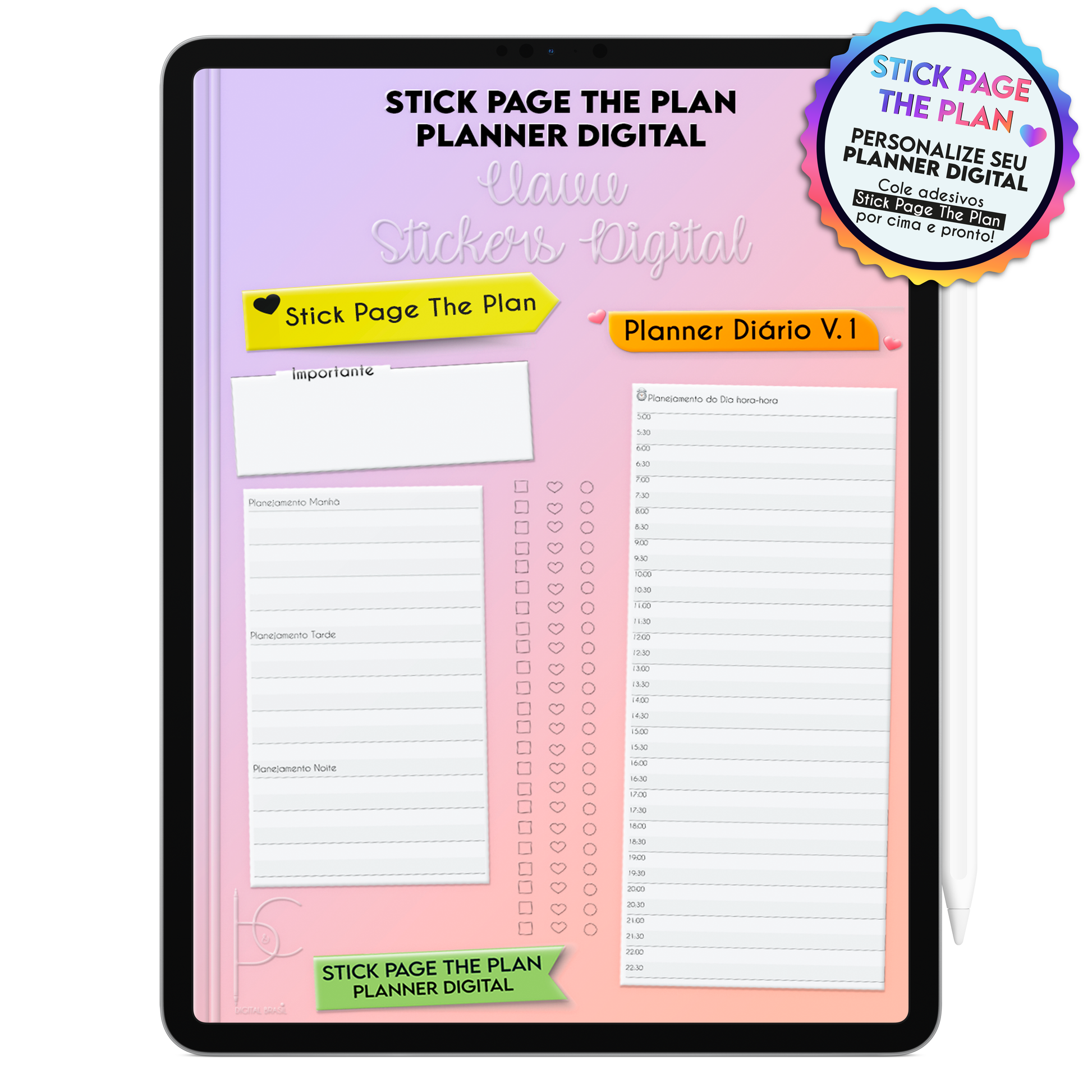 Adesivos PNG de planejamento hora a hora para personalizar o Planner Digital.