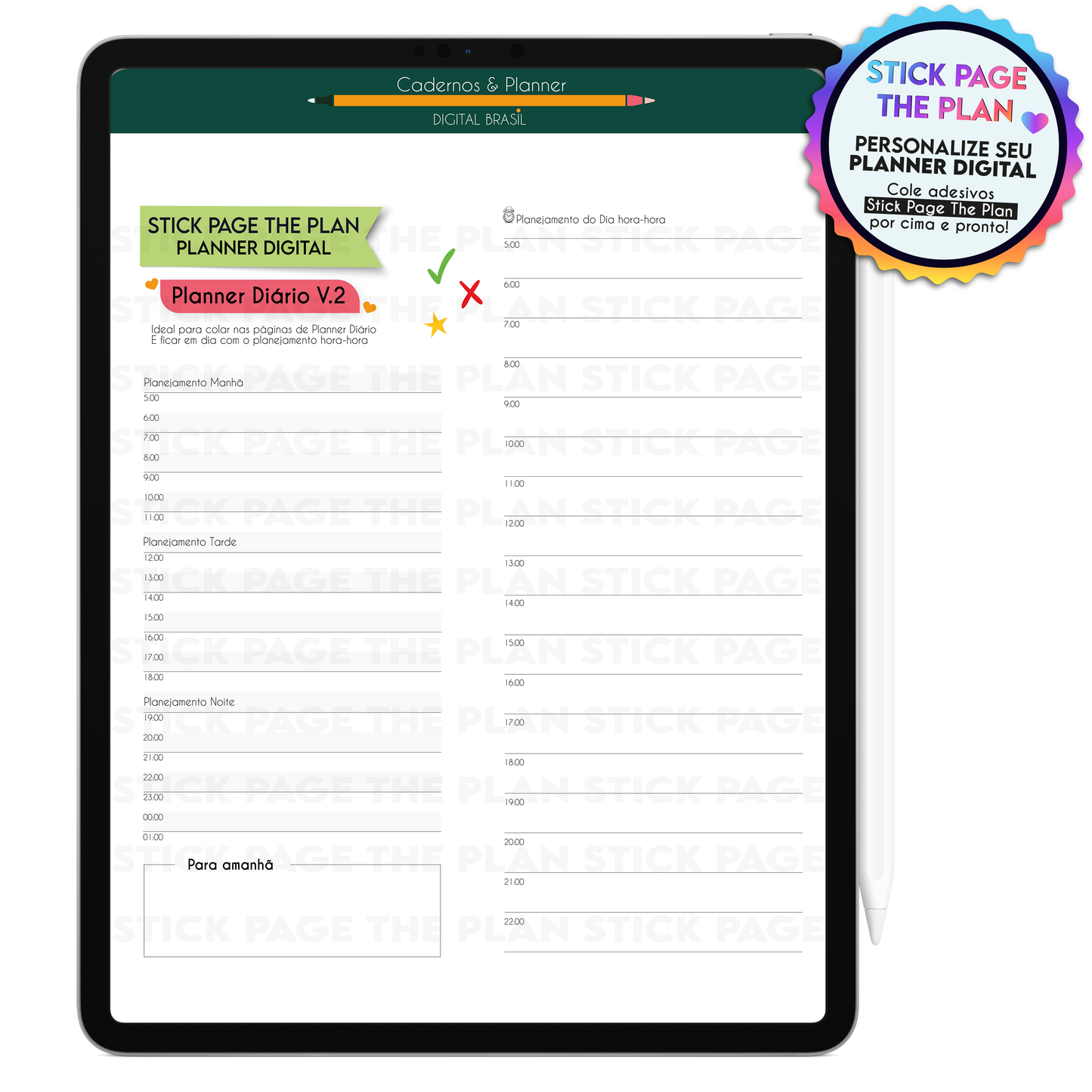 Cartela de adesivos para planejamento diário no Planner Digital com marcadores e blocos de horários para rotina diária no Planner Digital.