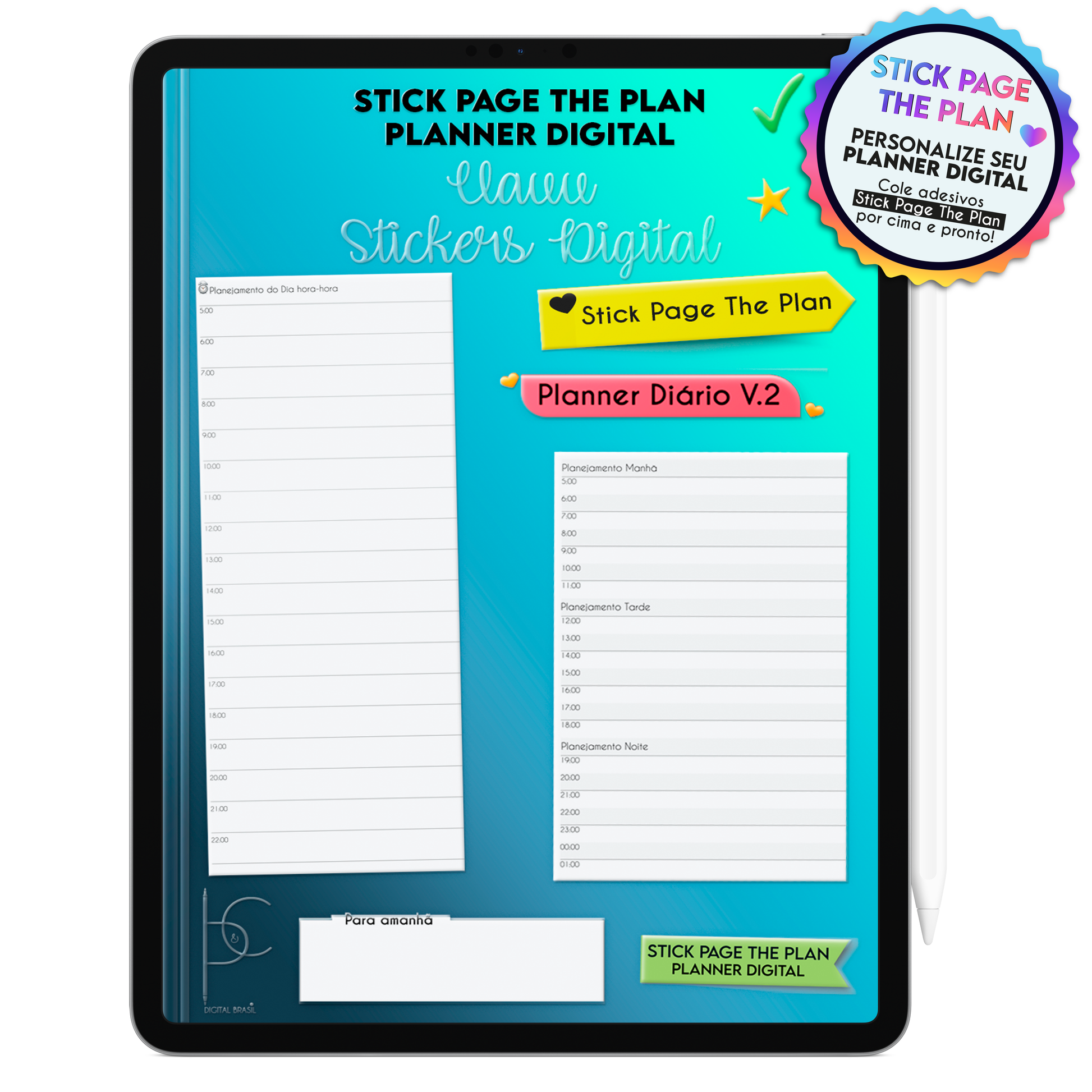 Adesivos de planejamento hora hora ideal para planner diário, com linhas para personalizar páginas digitais.