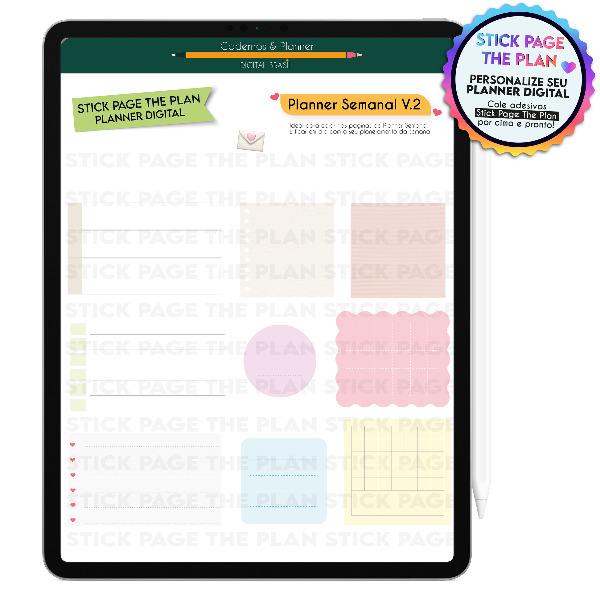 Adesivos de organização e planejamento para o Planner Digital no iPad e Tablet Android da Cadernos & Planner Digital Brasil.