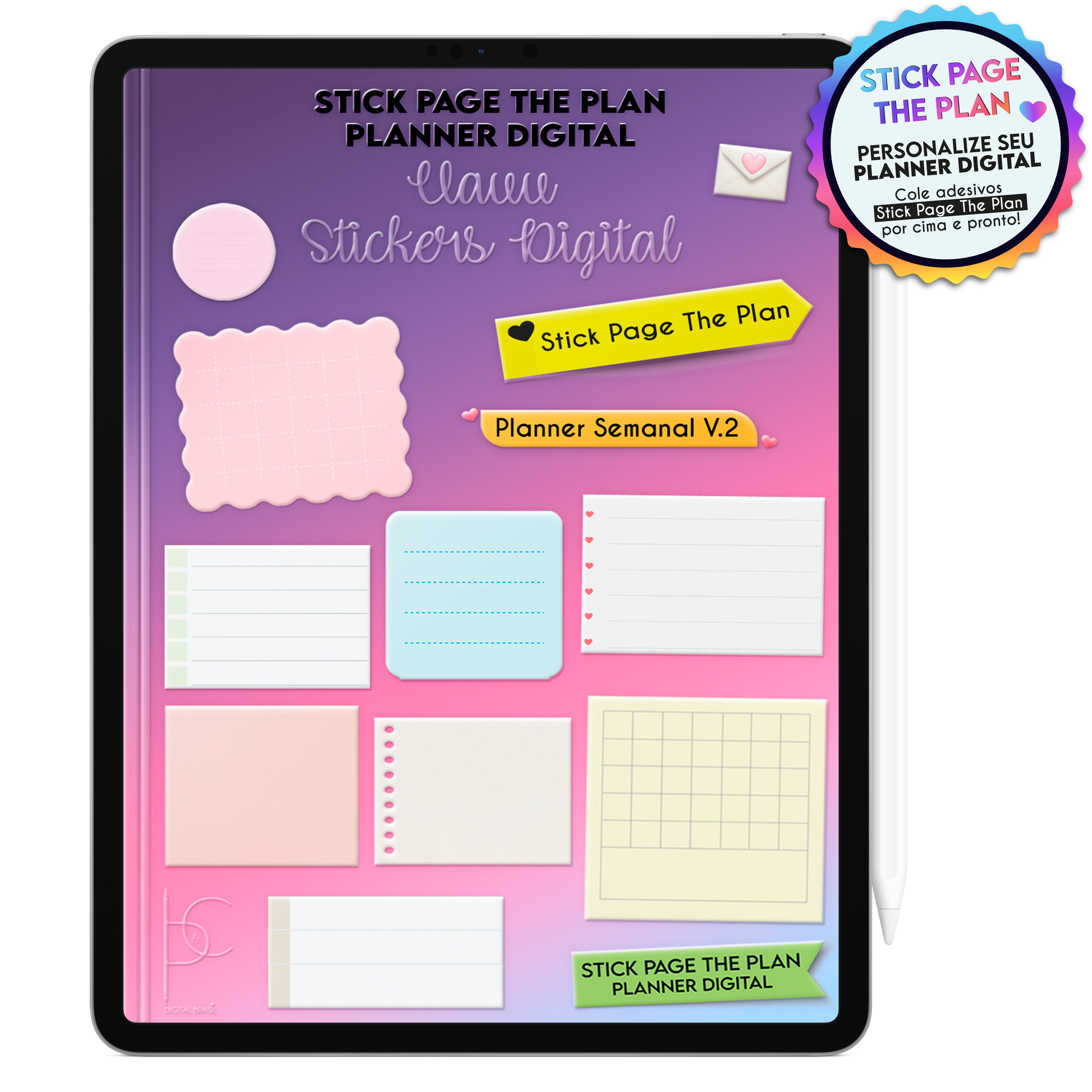 Cartela de adesivos para planner semanal com blocos coloridos de planejamento semanal para uso no Planner Digital com iPad ou Tablet no app GoodNotes e Notein.