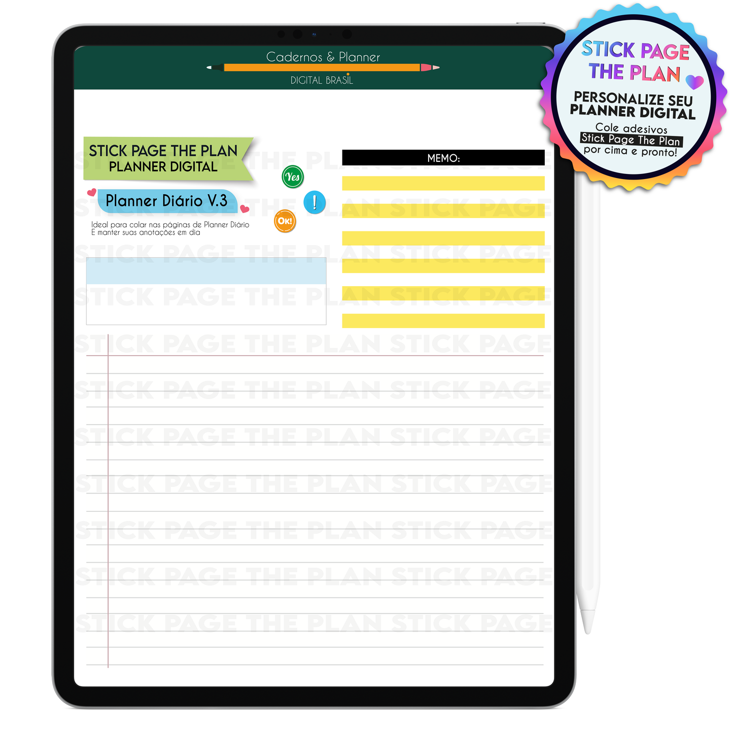 Adesivos de planejamento criativo com etiquetas, blocos e linhas para Planner Digital uso no planner semanal e diário com iPad e tablets.