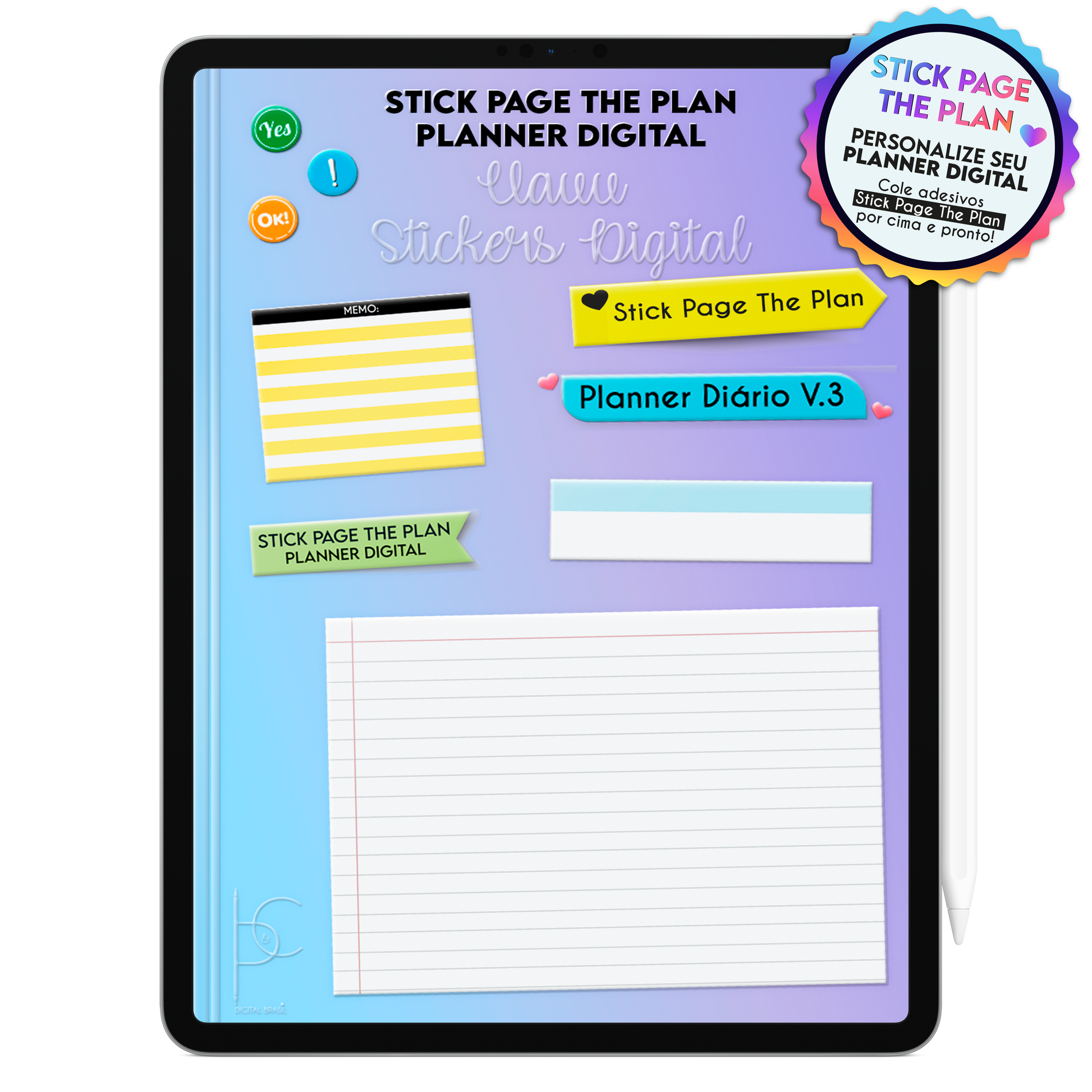 Cartela de adesivos digitais para planner diário com blocos de anotações, planejamento e agendamento de horários personalizados no Planner Digital.