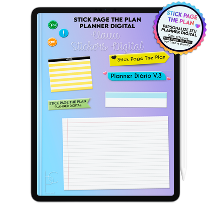 Cartela de adesivos digitais para planner diário com blocos de anotações, planejamento e agendamento de horários personalizados no Planner Digital.