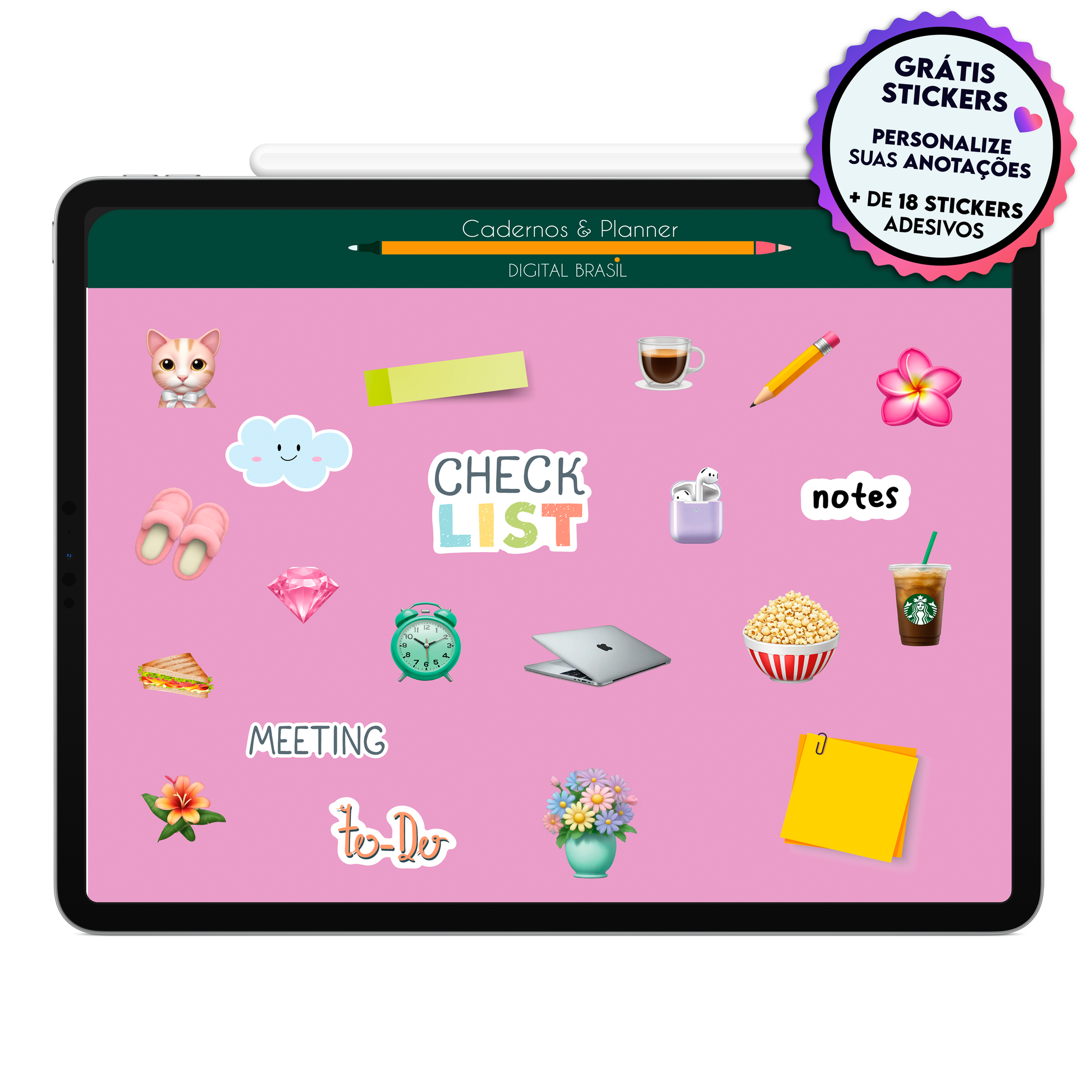 Ganhe 20 stickers adesivos grátis e personalize suas anotações no caderno e planner digital.