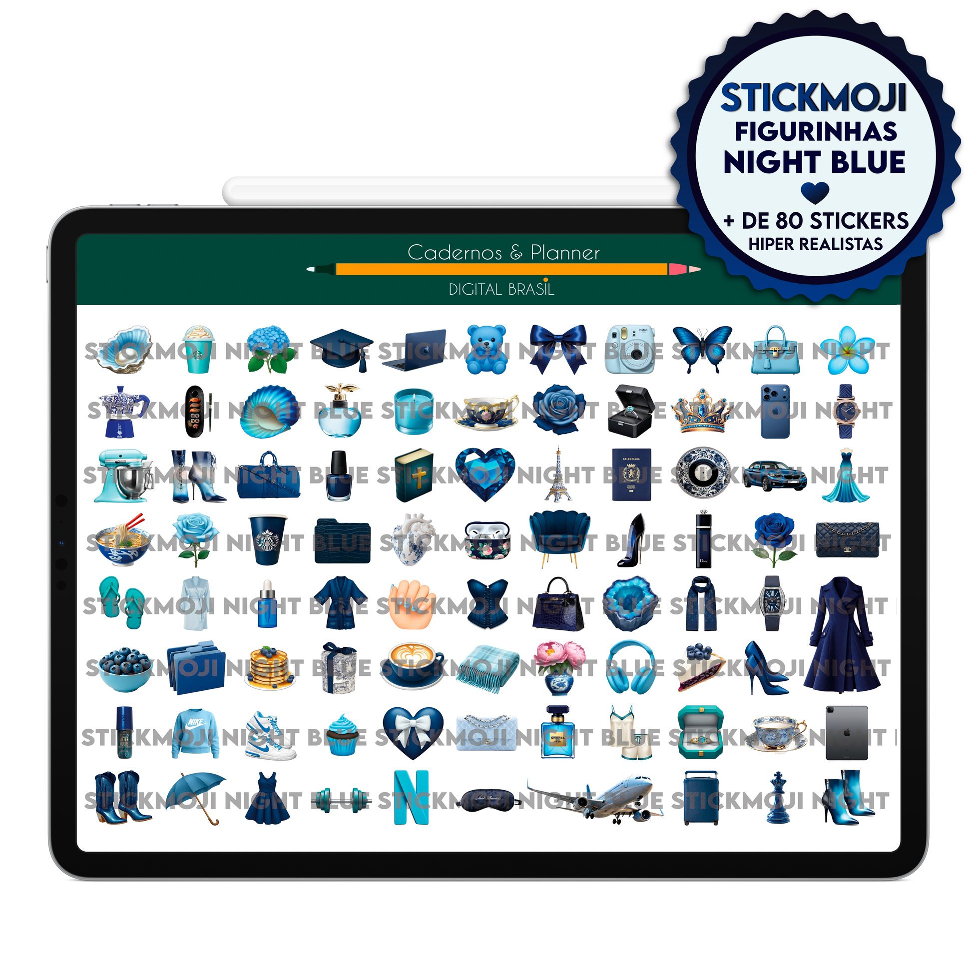 Stickers digitais azuis aesthetic para Goodnotes, Notein, Planner Digital, Agenda Digital e Caderno Digital com download imediato.