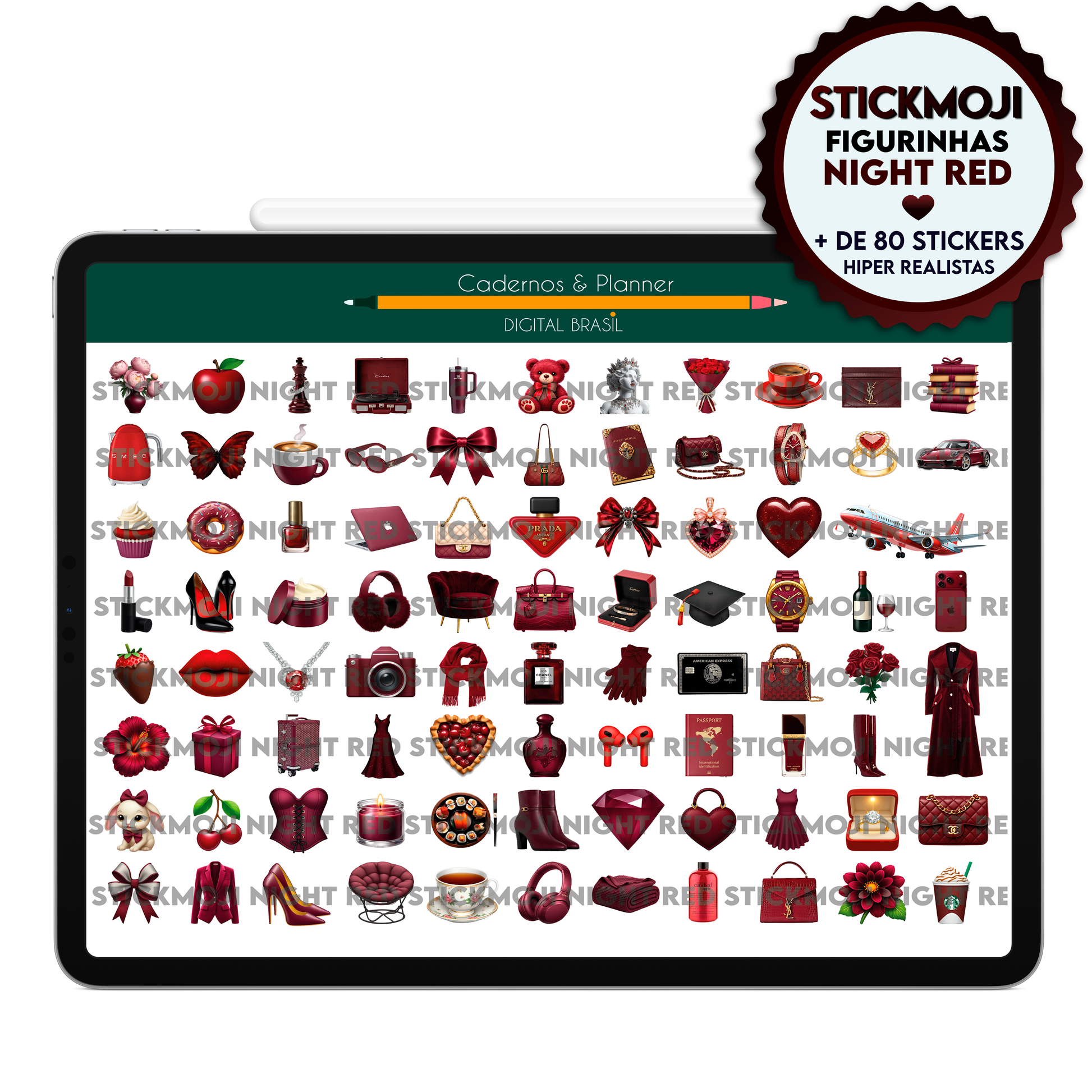 Stickers digitais vermelhos aesthetic para decorar o Planner Digital, Agenda Digital e Caderno Digital no iPad e Tablet Android. Download