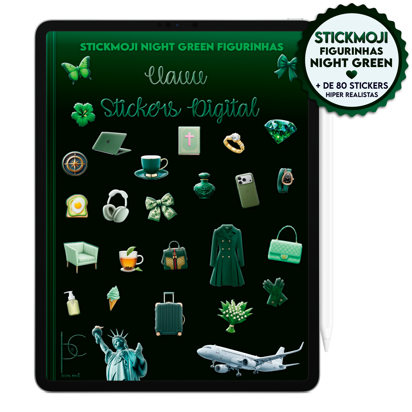 StickMoji Night Green com mais de 80 stickers hiper-realistas verdes para Planner Digital, Agenda Digital e Caderno Digital.