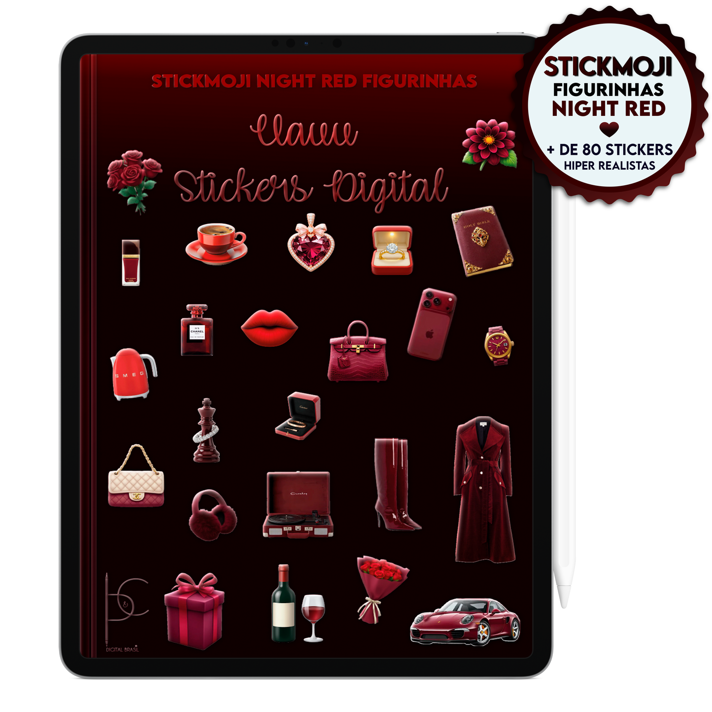 StickMoji Night Red com mais de 80 stickers hiper-realistas vermelhos para Planner Digital, Agenda Digital e Caderno Digital.