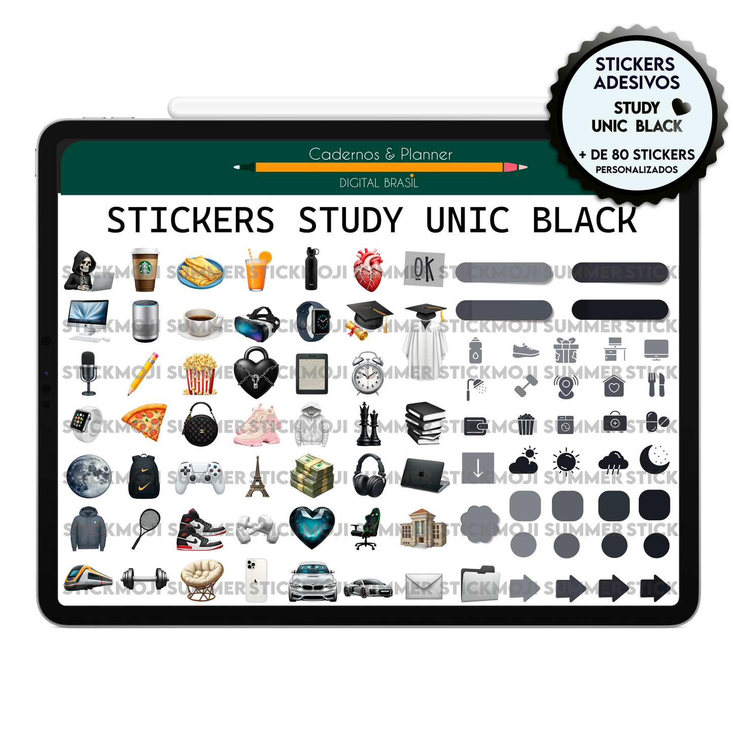 Mais de 80 adesivos criativos para deixar seus resumos e estudos personalizado. Destaque suas anotações com estilo usando os Stickers Study Unic Black. Personalize suas anotações com esses adesivos, no seu iPad ou Tablet Android. da Cadernos & Planner Digital Brasil, para iPad e tablets Android, compatível com GoodNotes e Notein. Exclusivo para estudar e se planejar no iPad e tablets Android tablets da Samsung (TabS6 Lite, Tab S9 Fe, Tab S9 +, Galaxy Tab S10 Ultra · Galaxy Tab S10+.