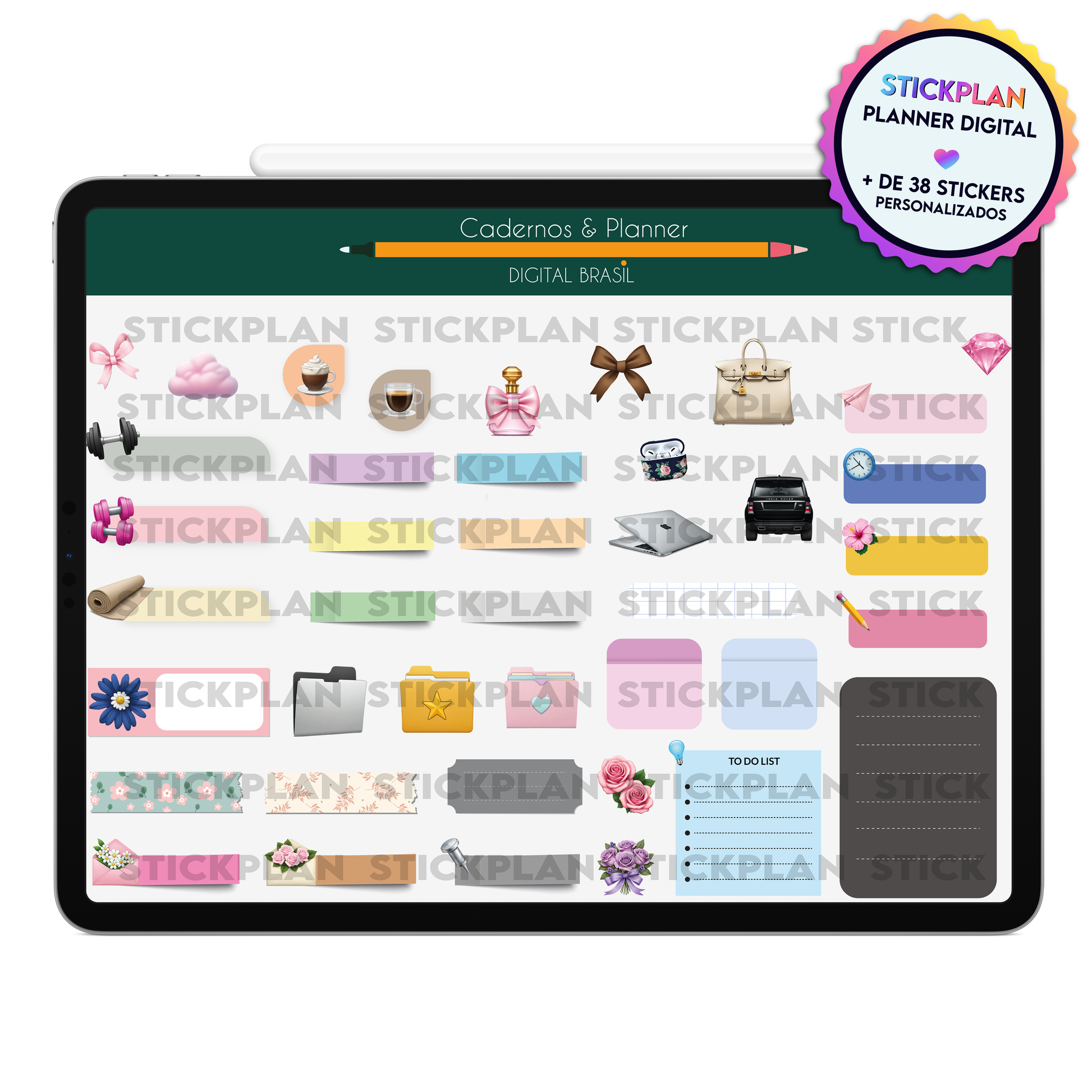 Stickers digitais Stick Plan para organização no planner digital com mais de 38 adesivos digitais variados, incluindo elementos de rotina, flores, pastas, etiquetas, blocos To Do List e itens decorativos.