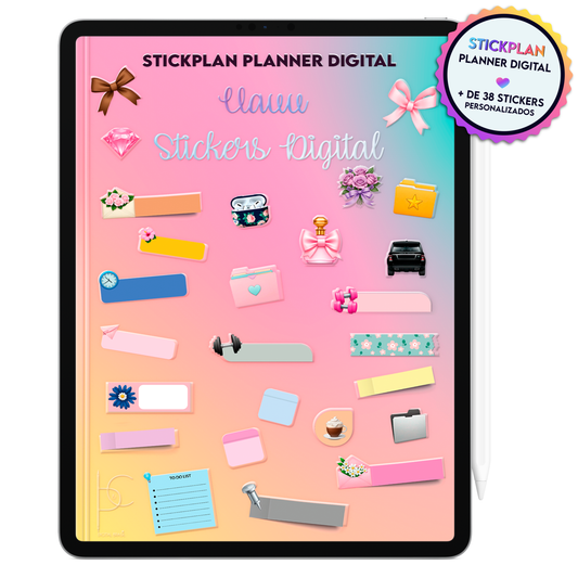 Cartela de adesivos Stick Plan em PNG para personalizar páginas do Planner Digital, adesivos digitais variados, incluindo com itens femininos, organizadores, ícones de planejamento e faixas coloridas para personalizar o Planner Digital.