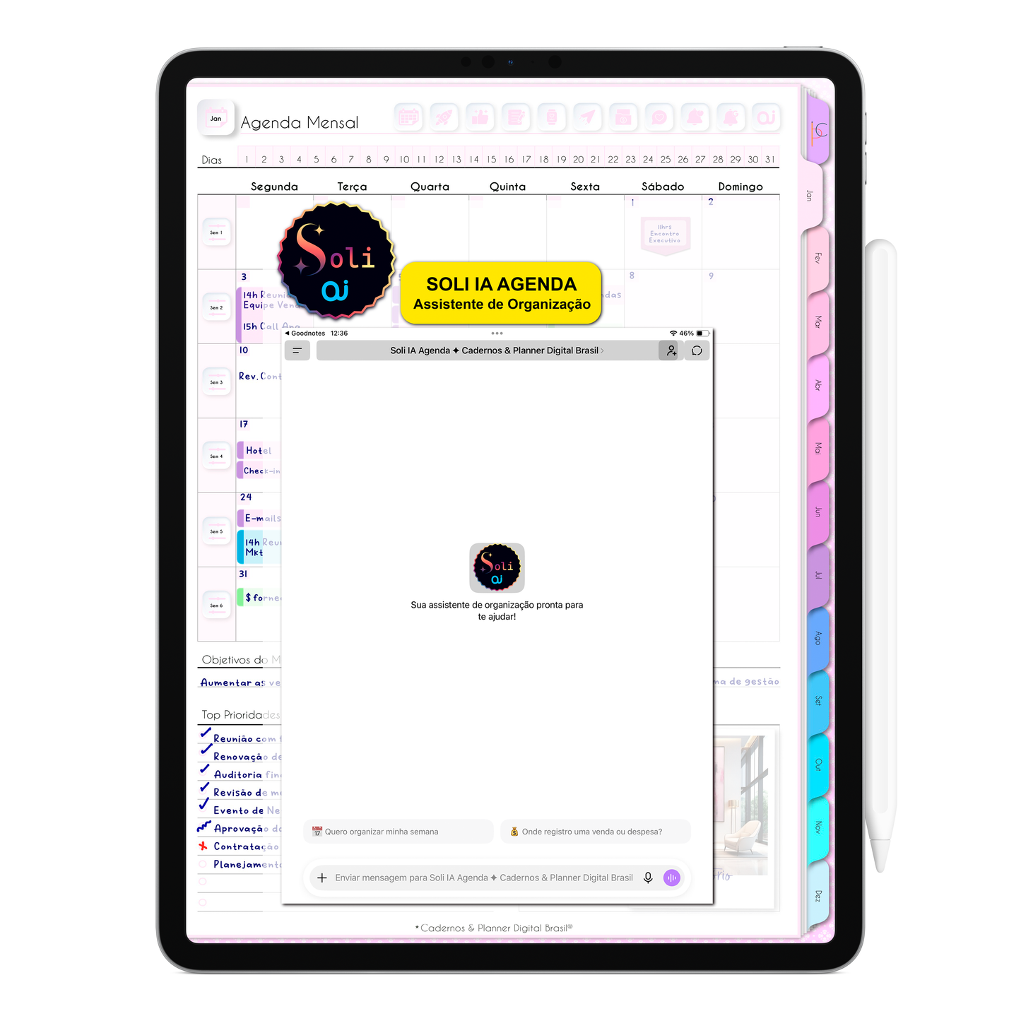Soli IA a Assistente de Organização de Inteligência Artificial dentro da Agenda Digital Permanente Não Datada para ajudar na organização. Agenda Digital para Tablet Android e iPad. 