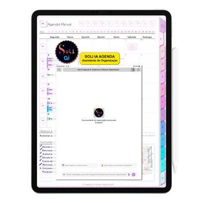 Soli IA a Assistente de Organização de Inteligência Artificial dentro da Agenda Digital Permanente Não Datada para ajudar na organização. Agenda Digital para Tablet Android e iPad. 