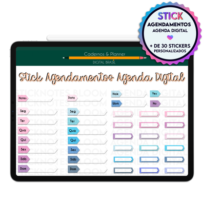 Adesivos digitais para organizar agenda semanal, horários e compromissos no iPad e Tablet Android.