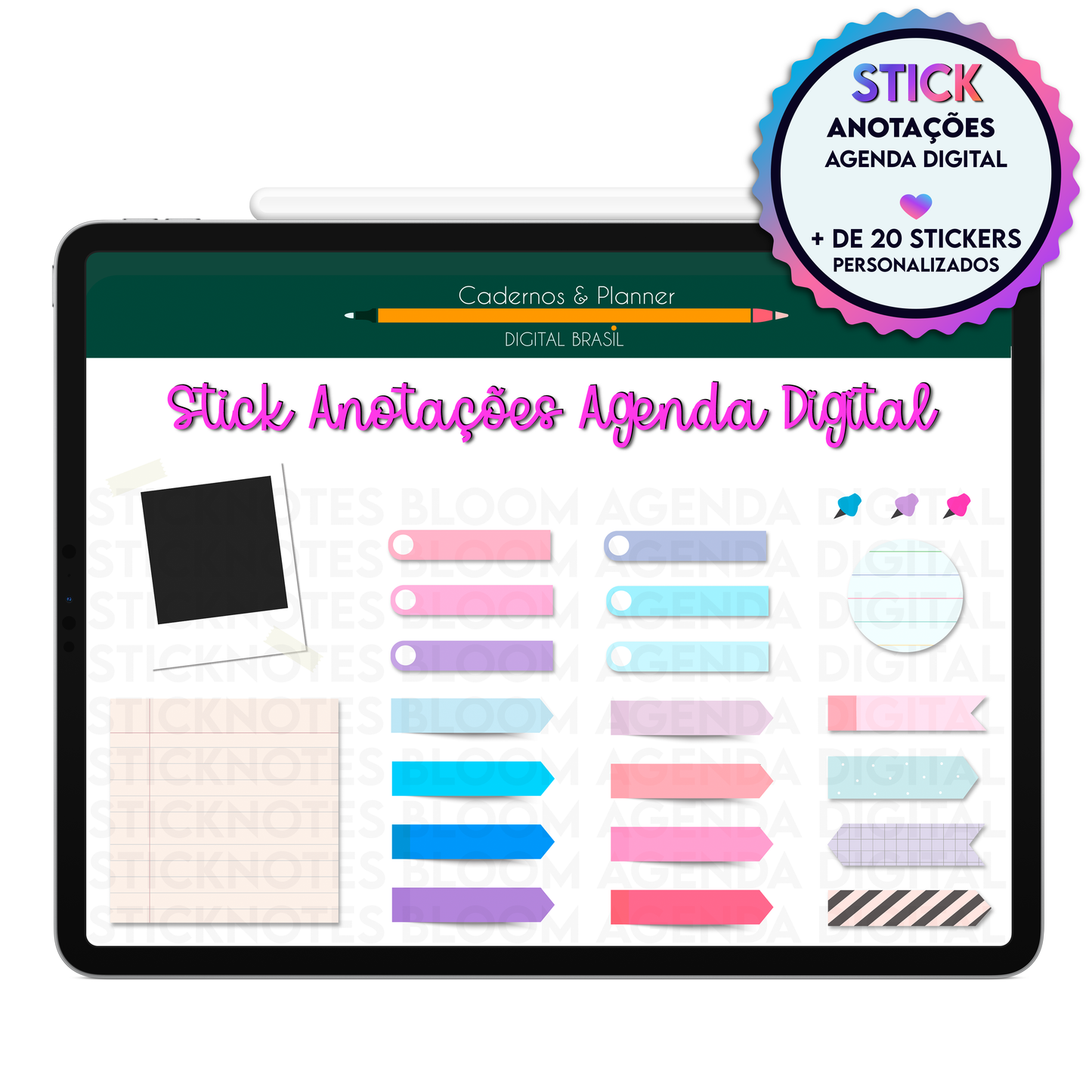 Notas adesivas digitais para trabalhos, faculdade, reuniões e organização profissional no iPad GoodNotes ou Tablet Android.