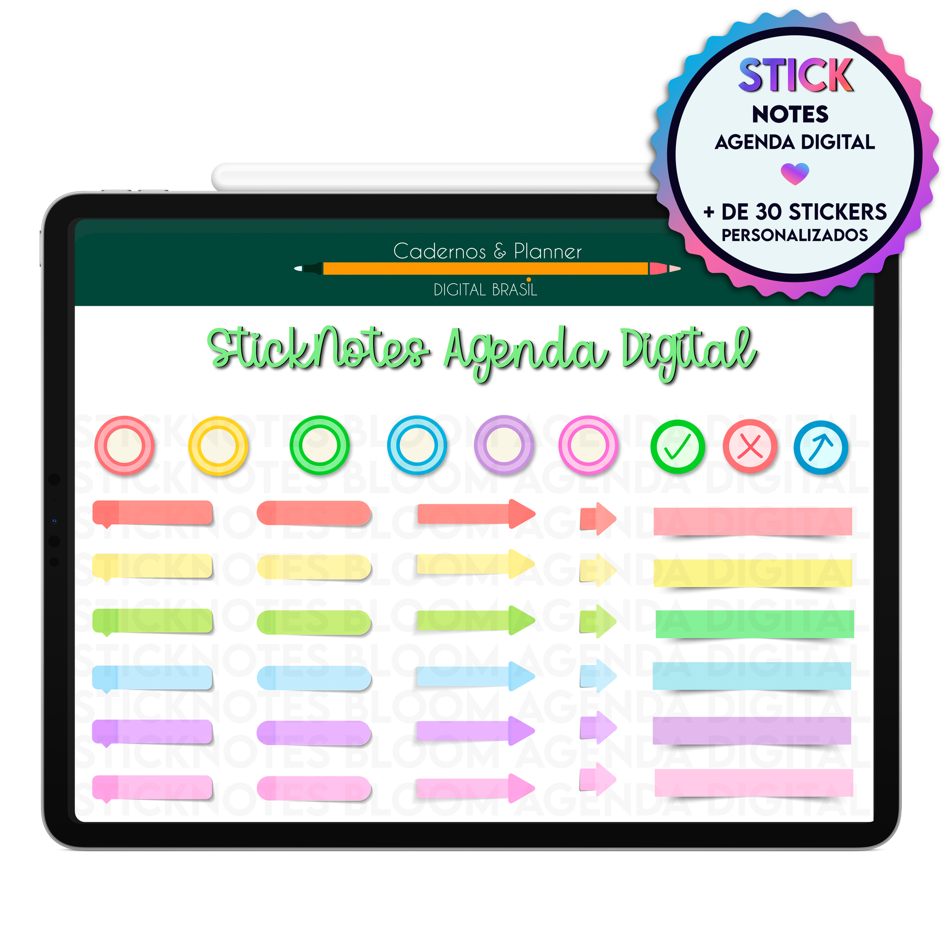 Stickers Notes digitais para agendamentos, reuniões, observações e brainstorm na Agenda Digital Permanente Não Datada no Tablet Android ou iPad.