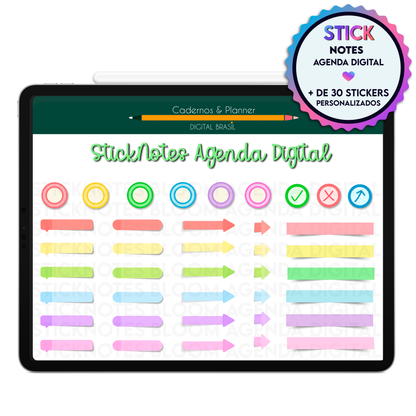 Stickers Notes digitais para agendamentos, reuniões, observações e brainstorm na Agenda Digital Permanente Não Datada no Tablet Android ou iPad.