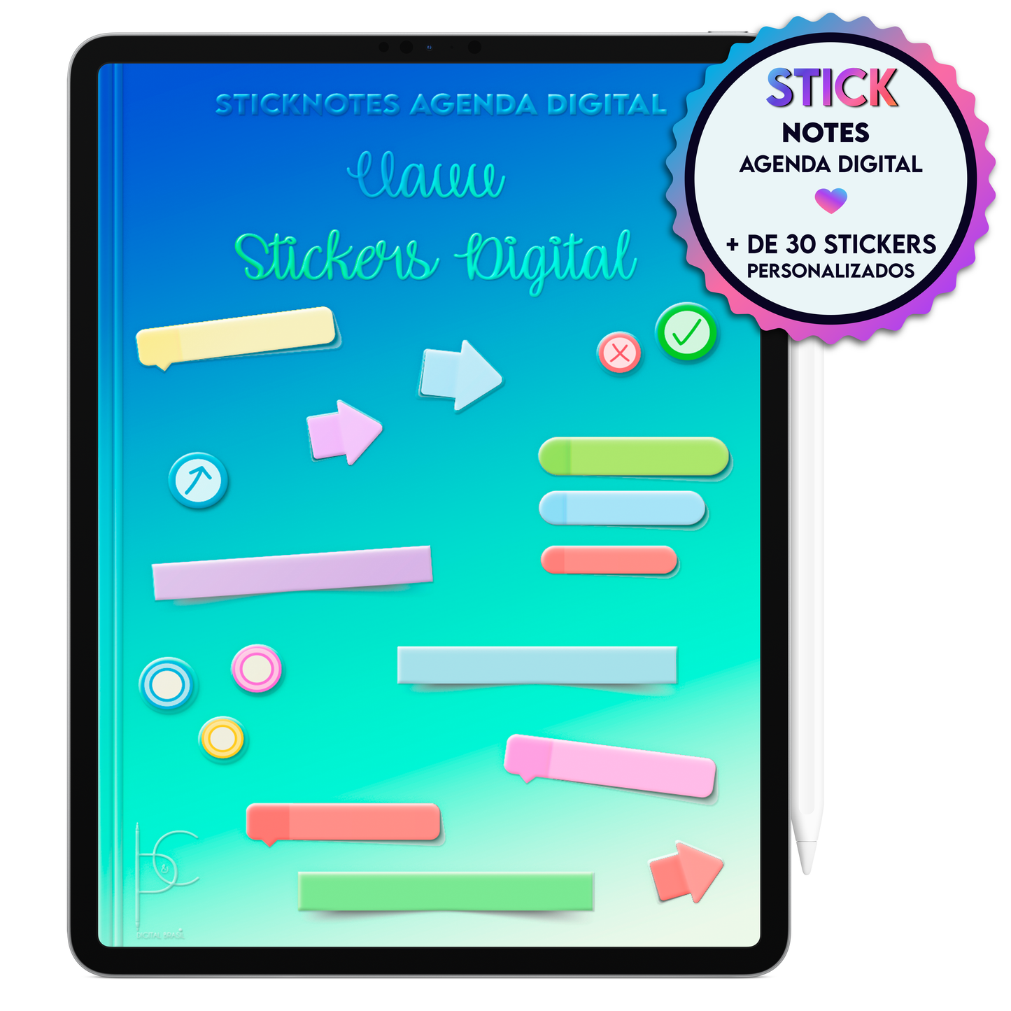 Notas adesivas digitais para reuniões, projetos e planejamento para decorar as páginas da Agenda Digital Permanente Não Datada no Tablet Android ou iPad