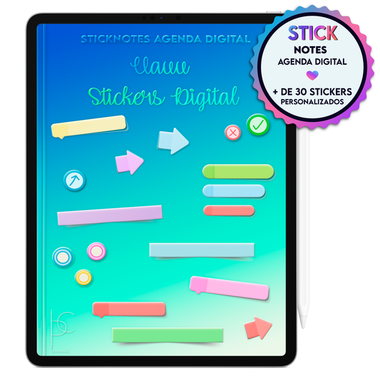 Notas adesivas digitais para reuniões, projetos e planejamento para decorar as páginas da Agenda Digital Permanente Não Datada no Tablet Android ou iPad