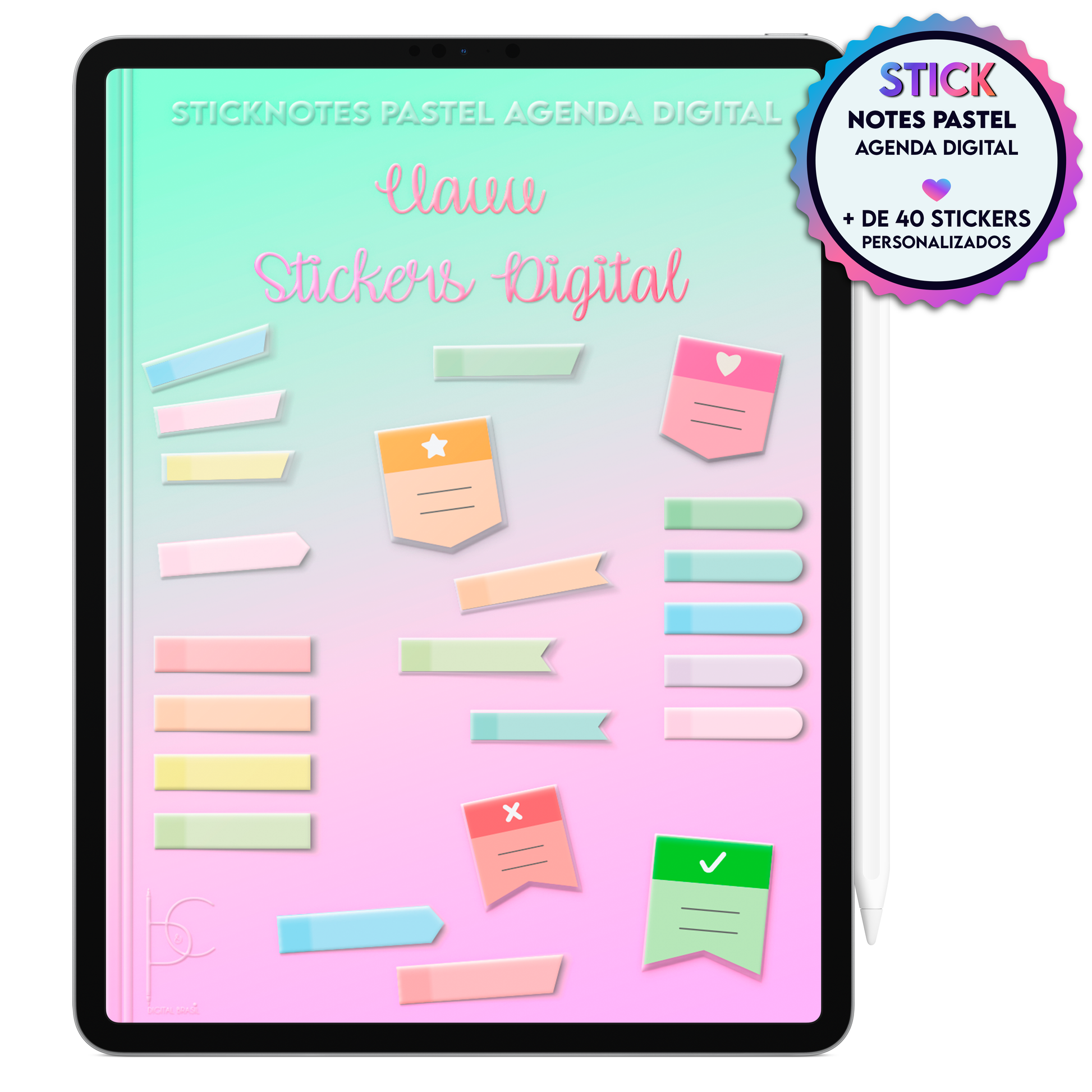 Notas adesivas pastel aesthetic para Planner Digital e Agenda Digital Permanente Não Datada no Tablet Android ou iPad.