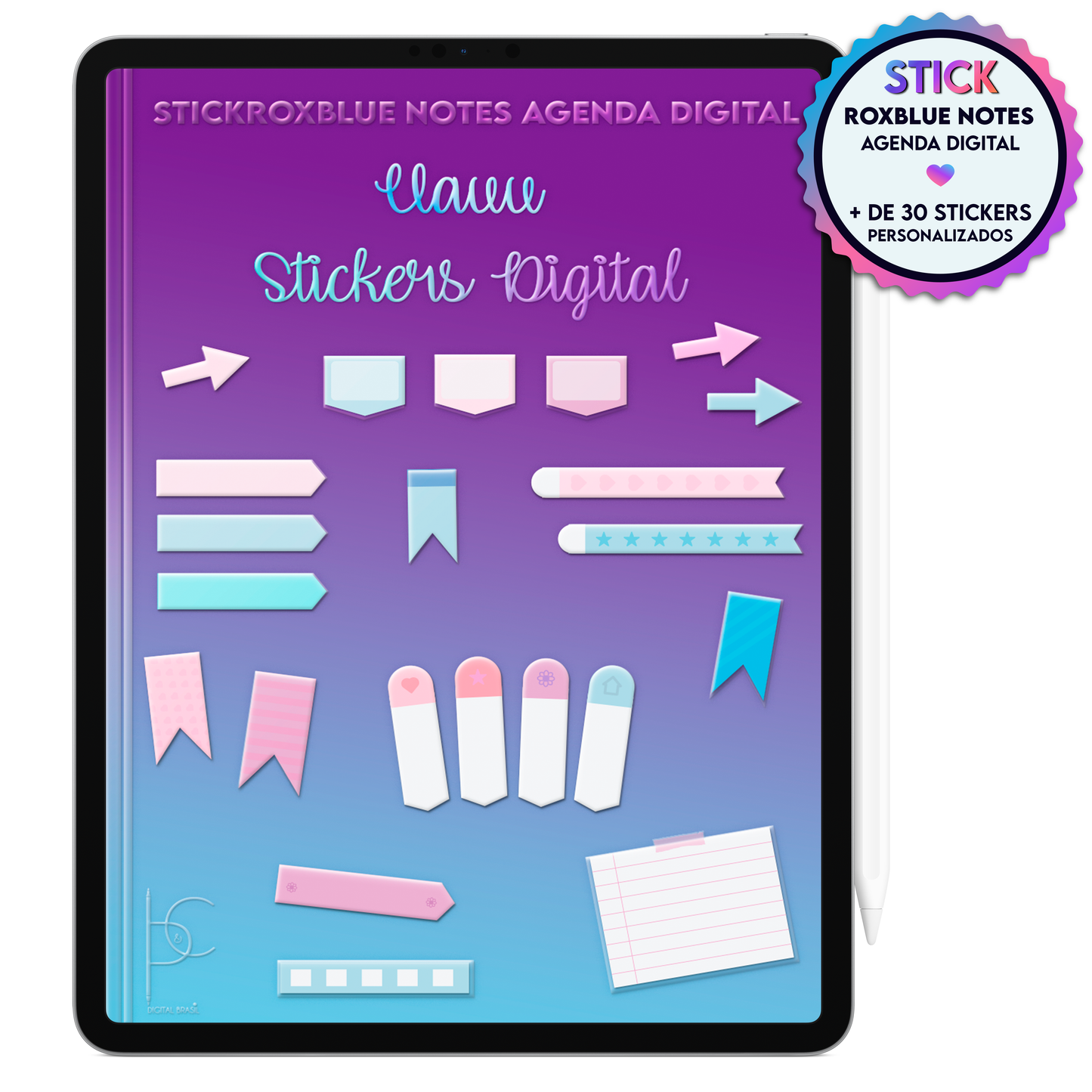 Stickers notas digitais para destacar as anotações, os atendimentos de clientes e reuniões profissionais na Agenda Digital Permanente Não Datada no Tablet Android ou iPad.