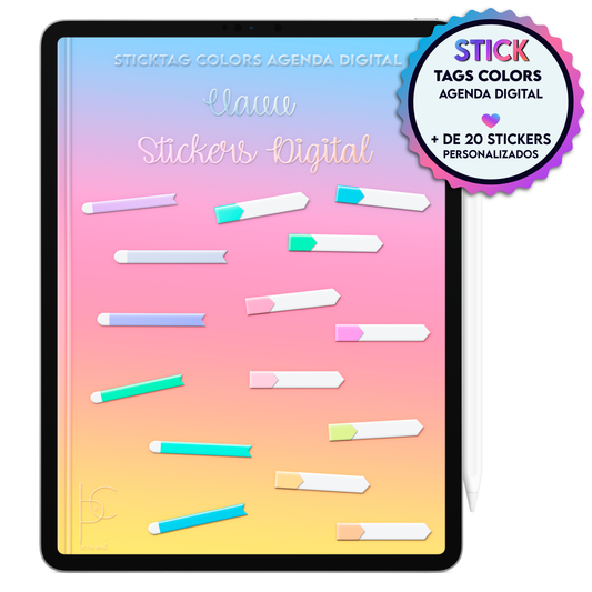 Stickers adesivos etiquetas digitais coloridas para destacar horários, compromissos, reuniões, tarefas e clientes na Agenda Digital Permanente Não Datada no Tablet Android ou iPad.