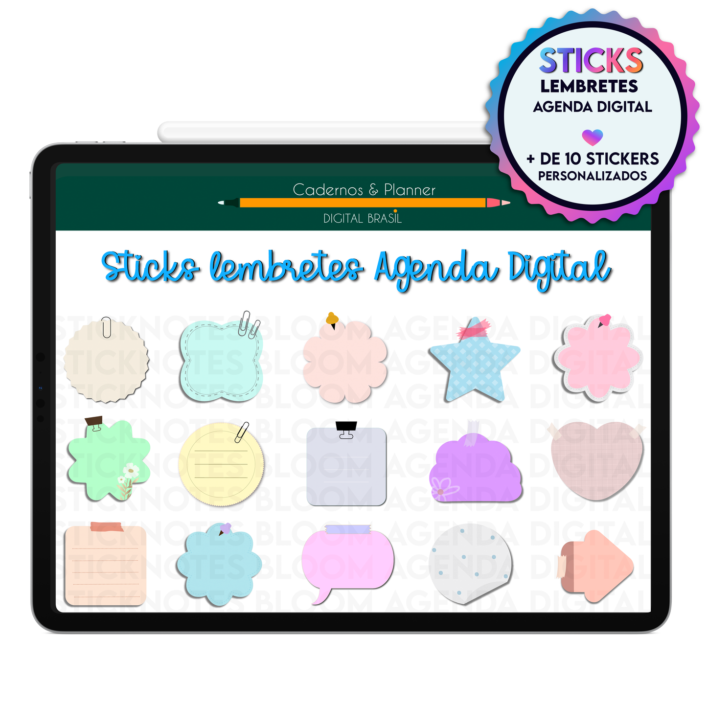 Adesivos Stickers lembretes para destacar compromissos e lembretes na Agenda Digital Permanente Não Datada no Tablet Android ou iPad.