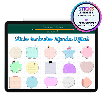 Adesivos Stickers lembretes para destacar compromissos e lembretes na Agenda Digital Permanente Não Datada no Tablet Android ou iPad.