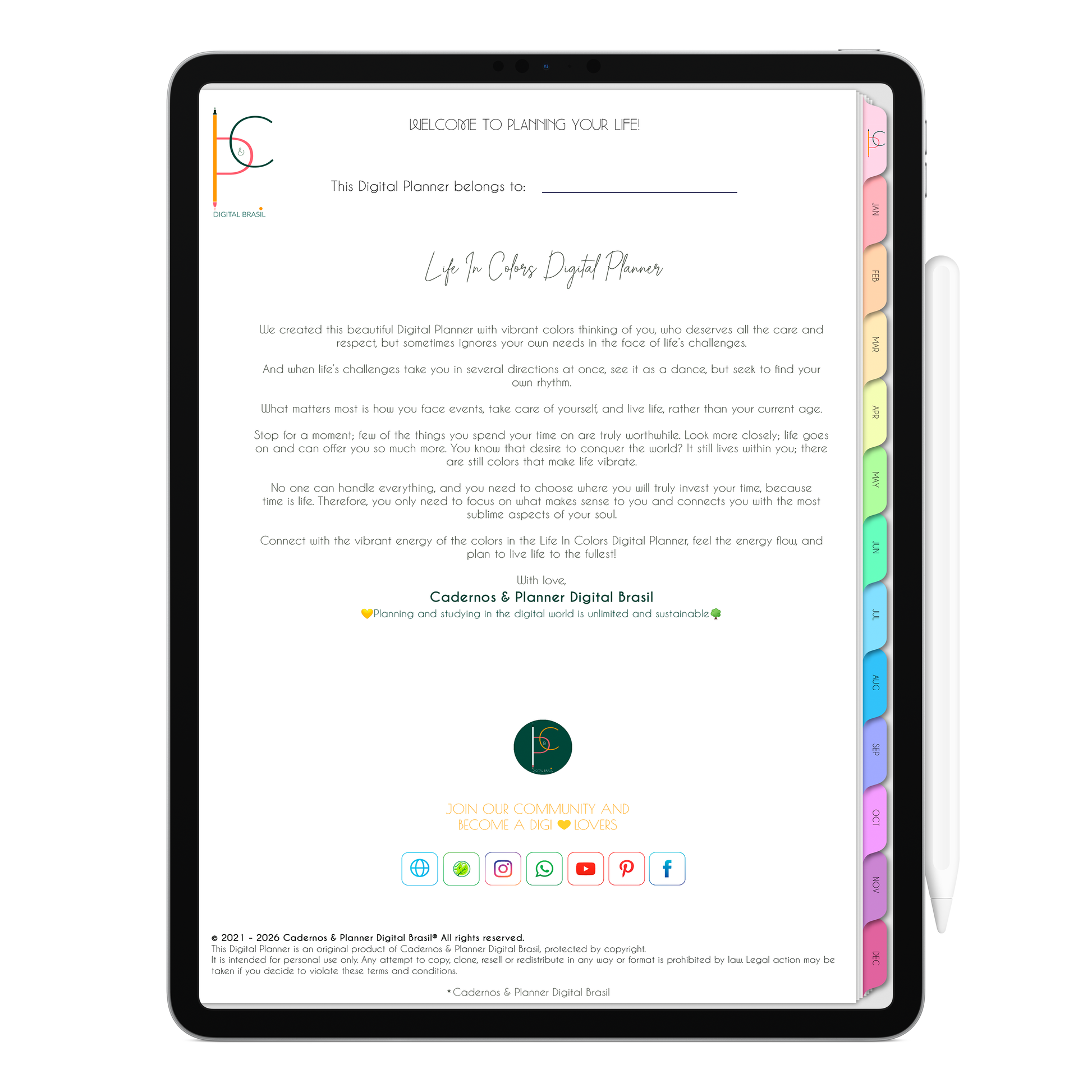 Life In Colors Digital Planner 2026 for iPad with monthly, weekly and daily planning pages plus health and meal planning sections.