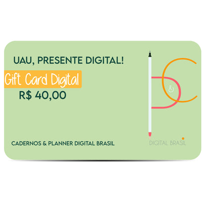 Uau Presente Digital R$ 40,00 Vinte Reais Cartão Presente Digital Gift Card para produtos da Cadernos & Planner Digital Brasil, Planner Digital, Mapa Mental Digital, Caderno Digital, Adesivos Stickers Digital